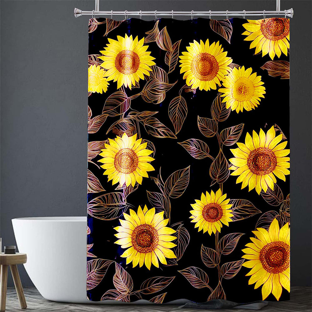 Load image into Gallery viewer, Sunflower Boho Shower Curtain | Black &amp; Yellow Cute Floral Bathroom Decor