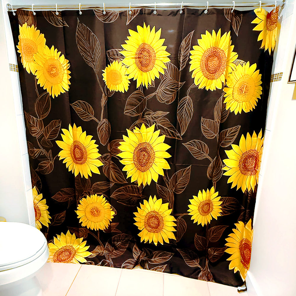 Load image into Gallery viewer, Sunflower Boho Shower Curtain | Black &amp; Yellow Cute Floral Bathroom Decor