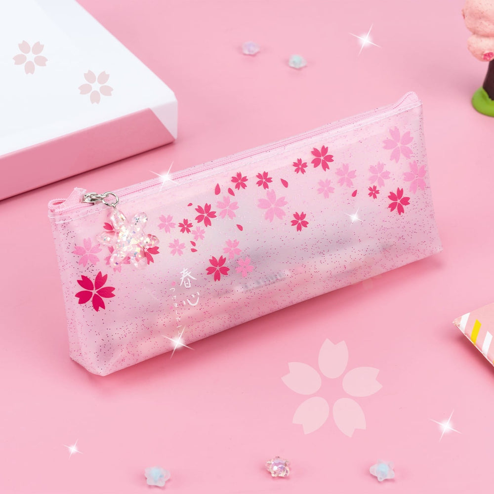 Load image into Gallery viewer, Sakura Pouch - Cute Glitter Clear Pink Pen Pencil Makeup Bag